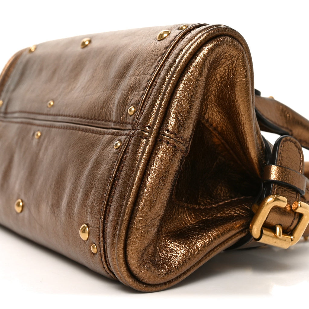Metallic Calfskin Small Paddington Satchel Golden Brown