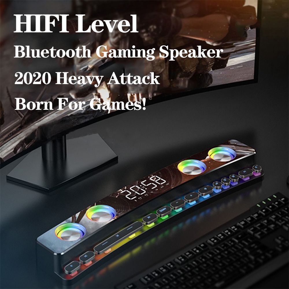3600mAh Bluetooth Wireless Game Speaker soundbar USB 3D Stereo Subwoofer AUX FM Home Clock Indoor Sound Bar Computer Loudspeaker - Black Basic
