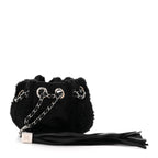 Fur Satin Drawstring Tassel Sac Cordon Shoulder Bag Black