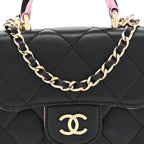 Lambskin Quilted Bi-Color Top Handle Clutch With Chain Black Pink
