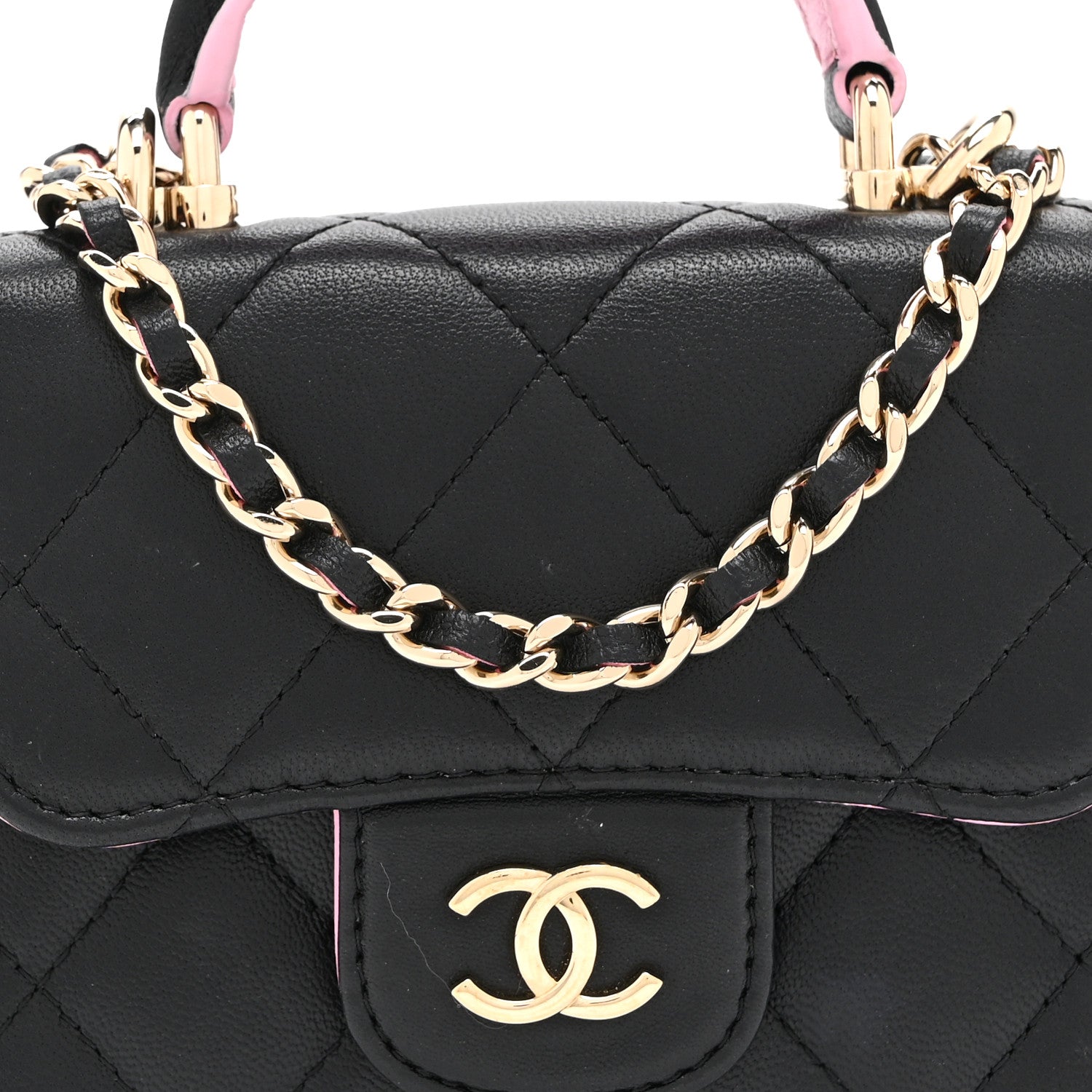 Lambskin Quilted Bi-Color Top Handle Clutch With Chain Black Pink