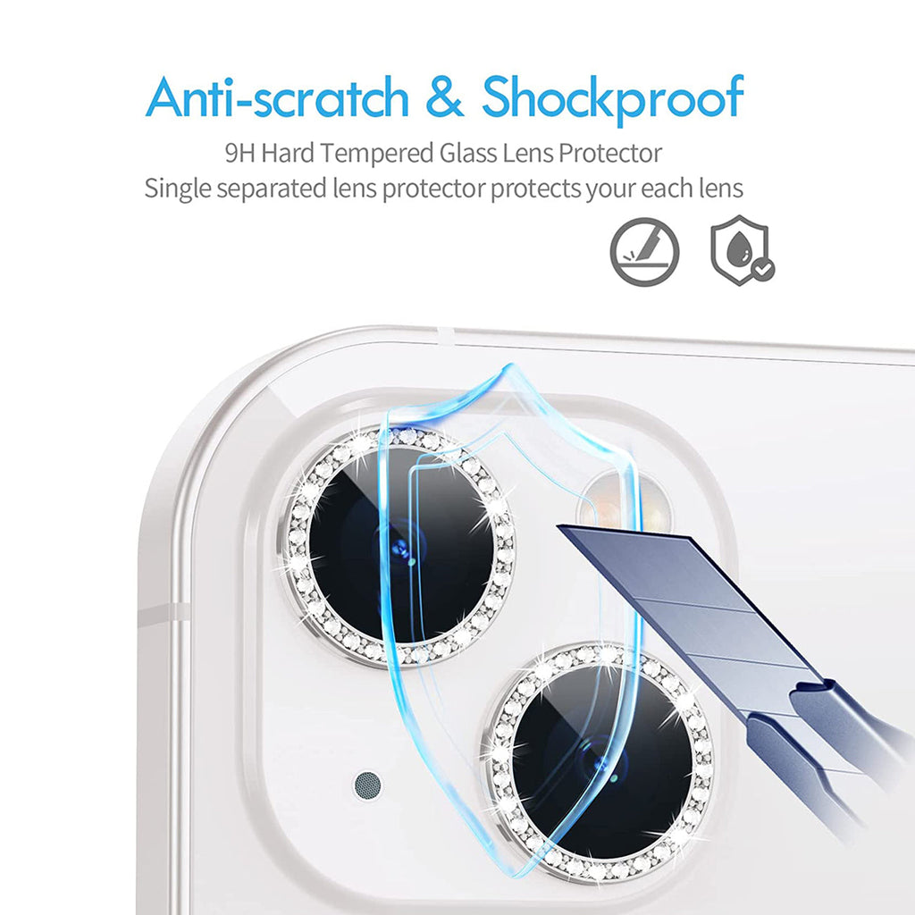 Diamond Camera Lens Protector, Diamond Tempered Glass Camera Cover Screen Protector For Iphone 14 / Iphone 14 Plus In Silver