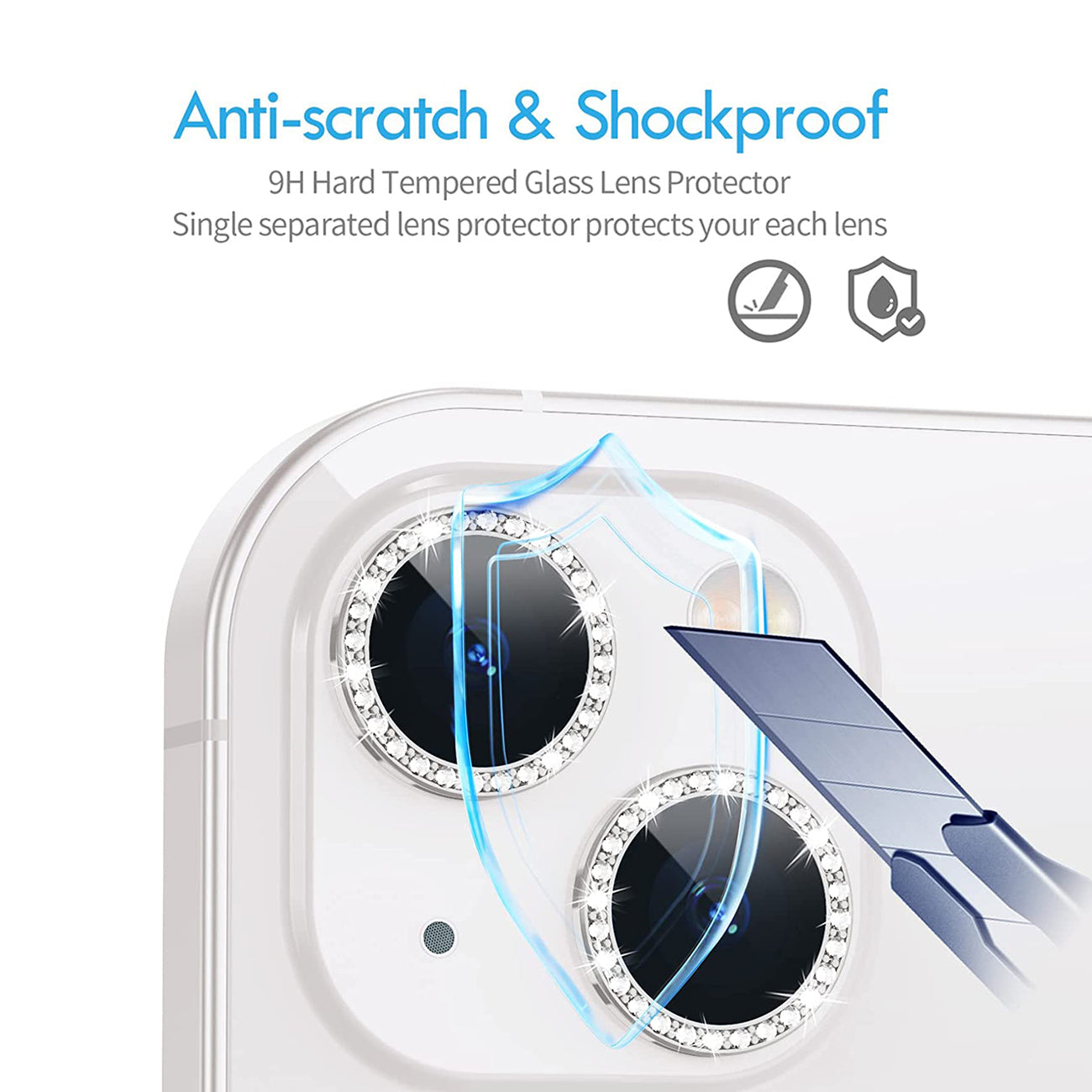 Diamond Camera Lens Protector, Diamond Tempered Glass Camera Cover Screen Protector For Iphone 14 / Iphone 14 Plus In Silver