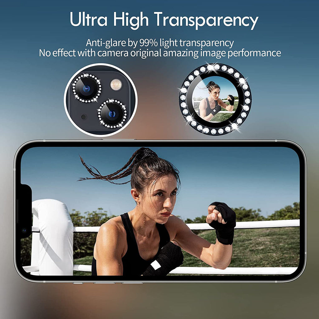 Diamond Camera Lens Protector, Diamond Tempered Glass Camera Cover Screen Protector For Iphone 14 / Iphone 14 Plus  In Black