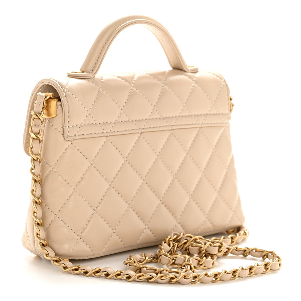 Lambskin Quilted Small Flap Top Handle Bag Beige