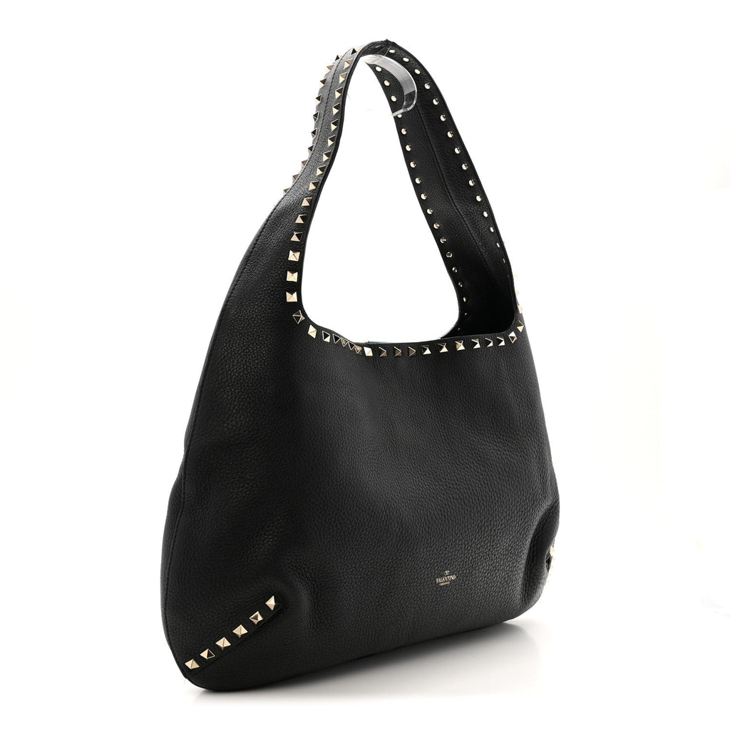 Grained Calfskin Large Rockstud Hobo Black