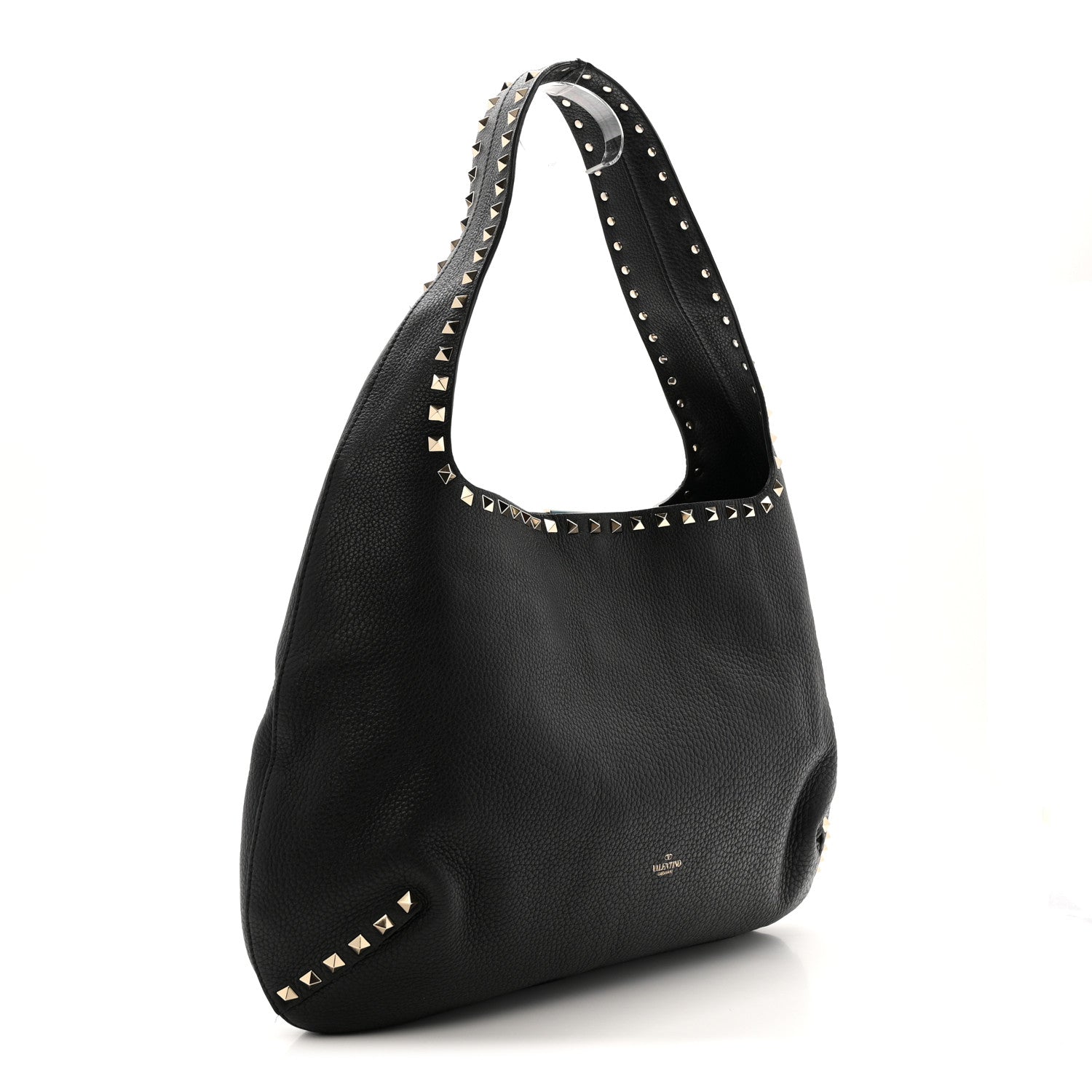Grained Calfskin Large Rockstud Hobo Black