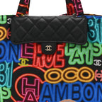Caviar Fabric Graffiti Foldable Tote Bag With Chain Black Multicolor