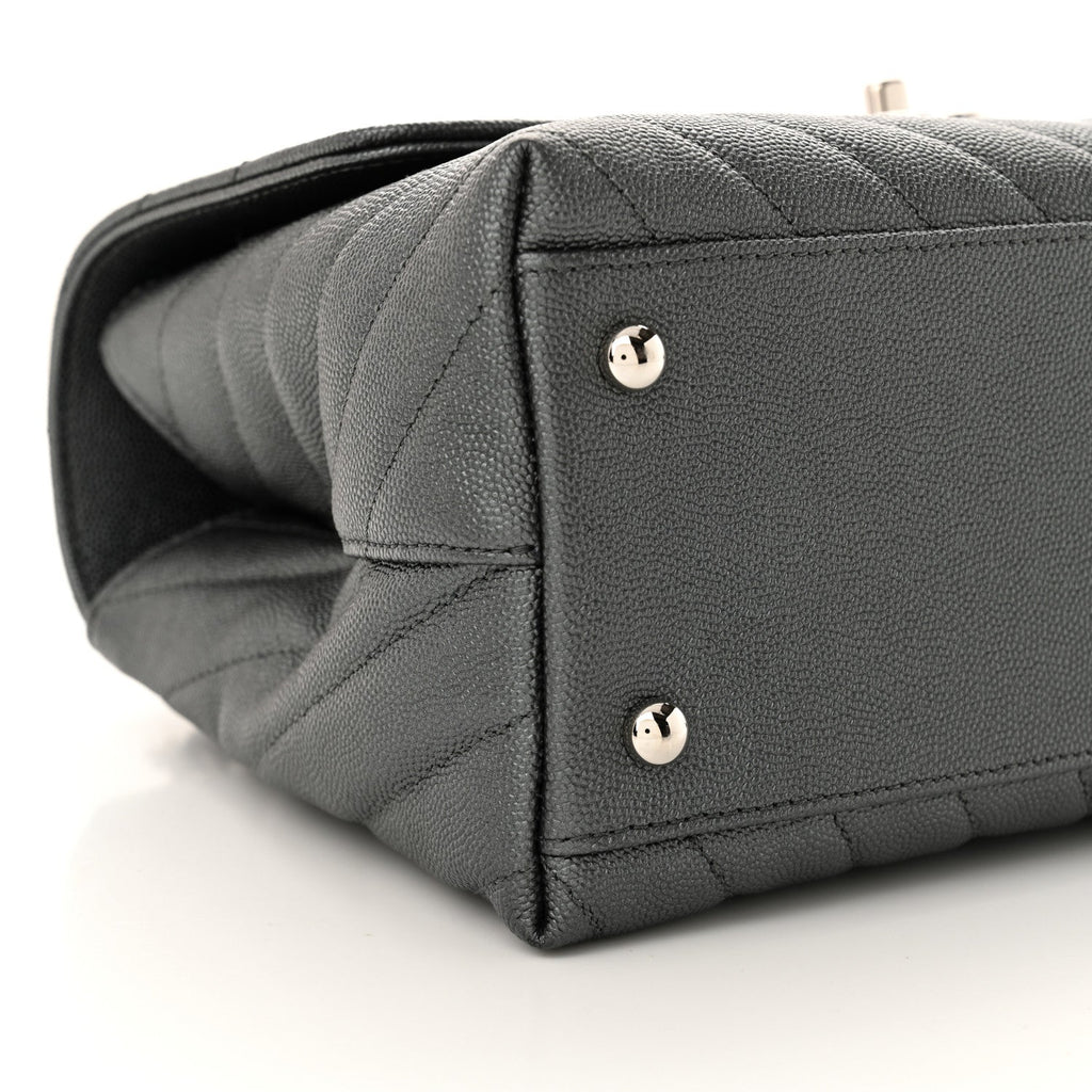 Metallic Caviar Chevron Quilted Small Coco Handle Flap Dark Silver