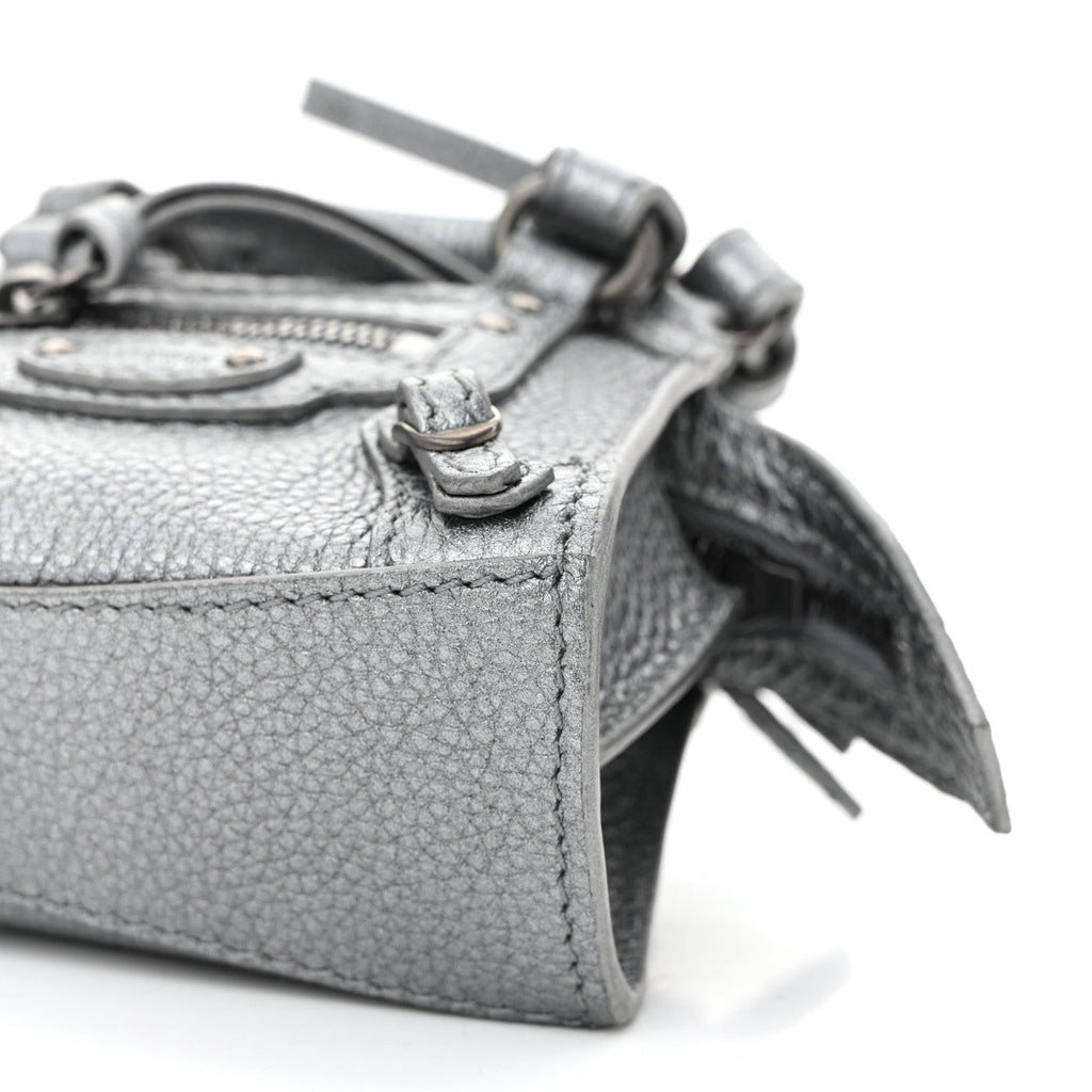Metallic Grained Calfskin Neo Classic Hardware Super Nano City Crossbody Silver