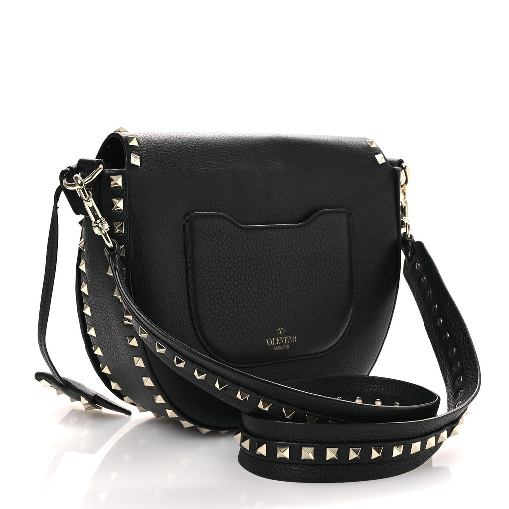Grained Calfskin Rockstud Saddle Bag Black