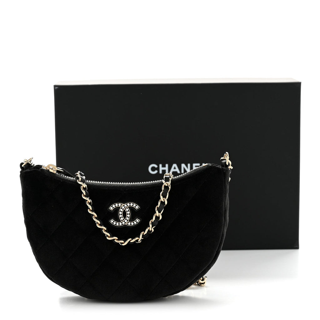 Velvet Crystal Quilted Chain Hobo Black
