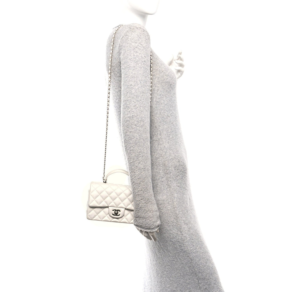 Metallic Caviar Quilted Mini Top Handle Rectangular Flap White