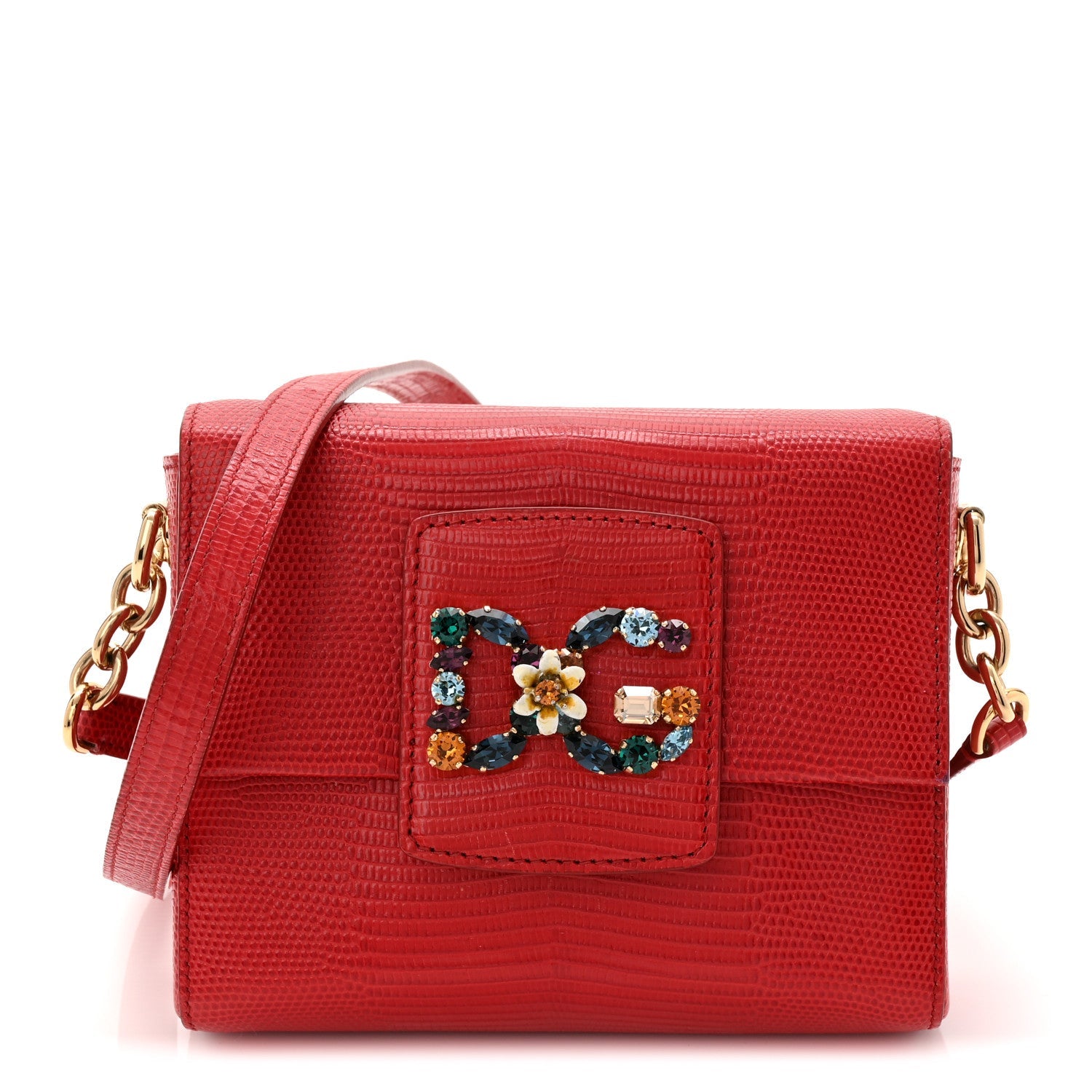 Lizard Embossed Crystal Embellished DG Millennials Mini Crossbody Bag Red