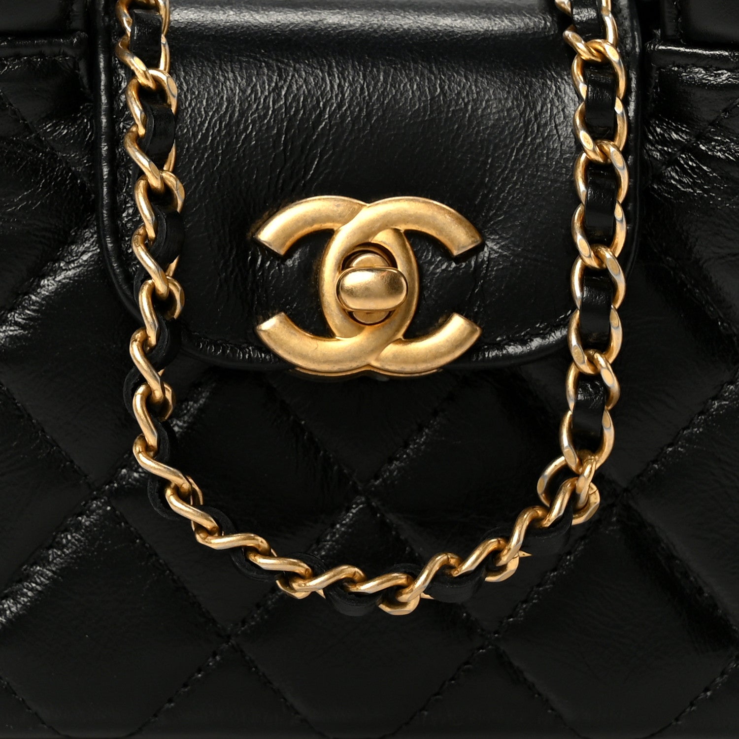 Shiny Aged Calfskin Quilted Mini Nano Kelly Shopper Black