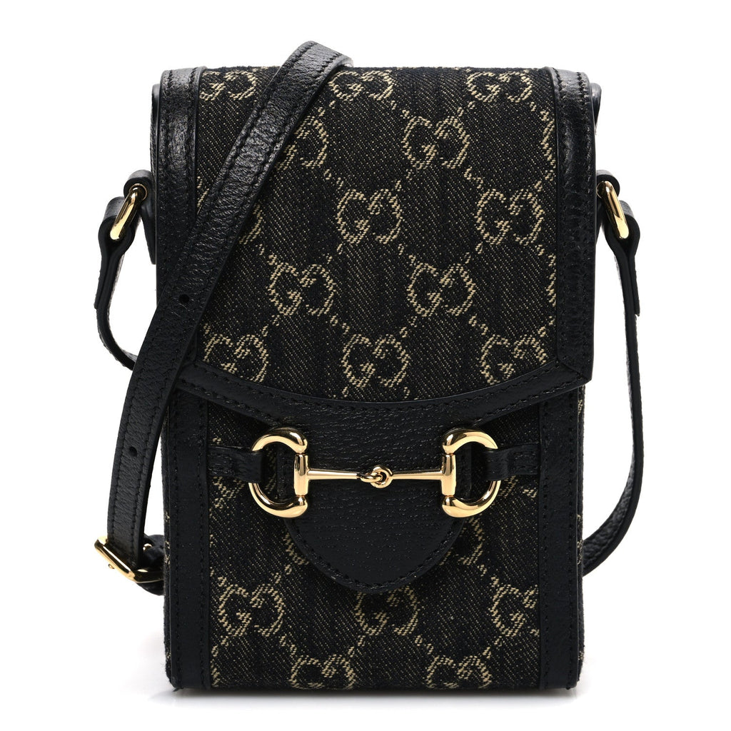 Jacquard Black Denim GG Monogram Textured Dollar Calfskin Mini Horsebit 1955 Crossbody Bag Black Ivory