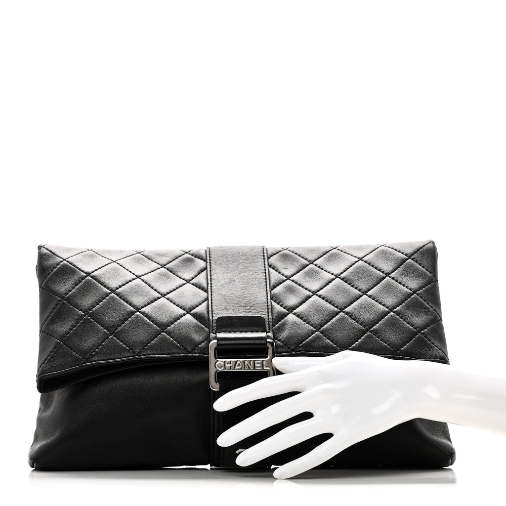 Lambskin Quilted Grip Clutch Black