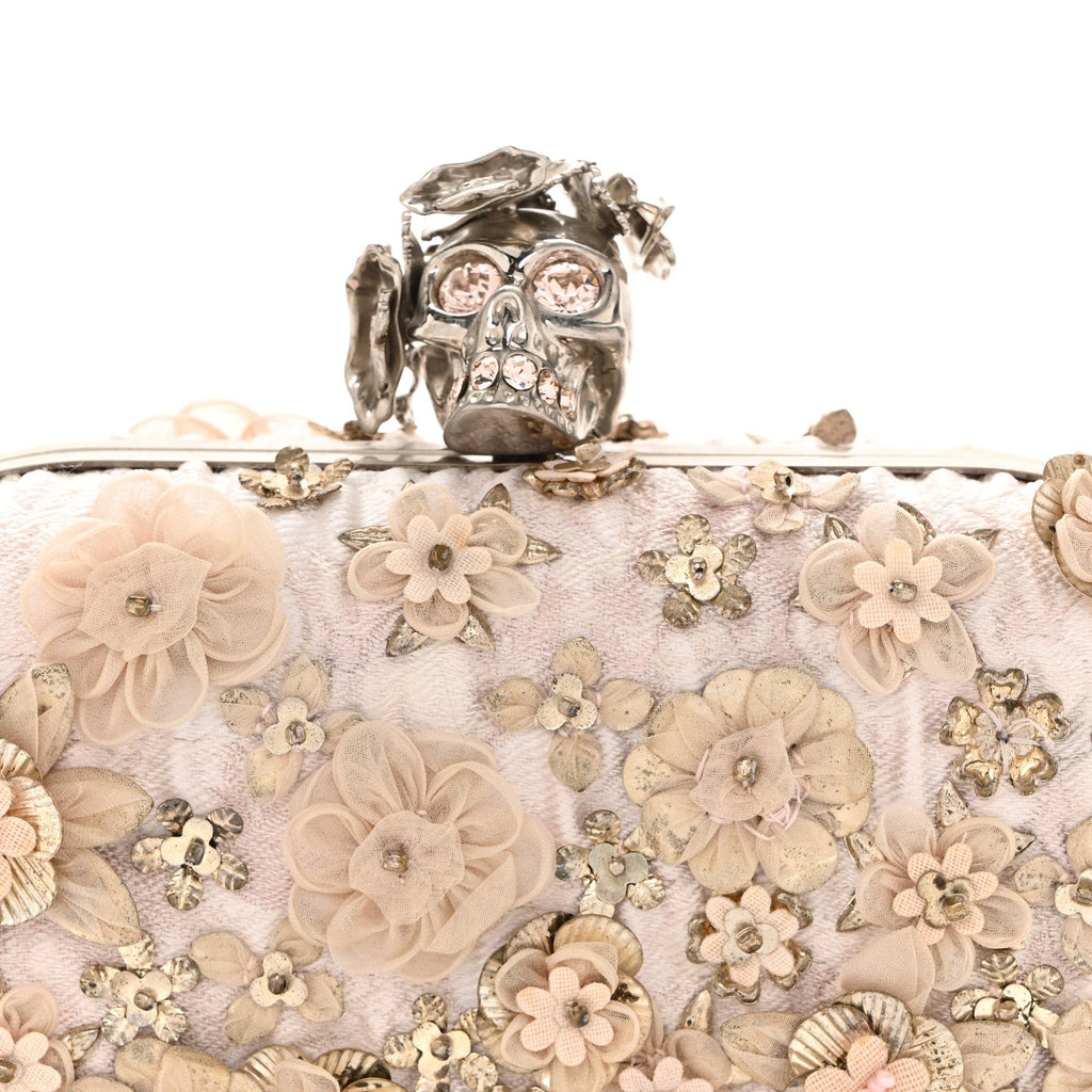 Flower Appliqued Silk Brocade Skull Box Clutch Light Pink
