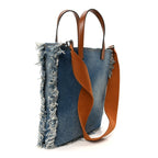 Denim Lavato Vitello King Logo Embroidered Frayed Tote Denim Chiaro Cuoio