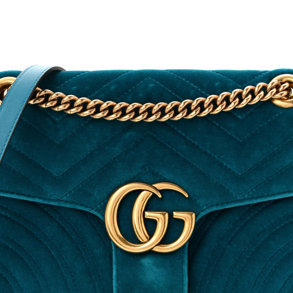 Velvet Matelasse Small GG Marmont Shoulder Bag Pavone Cyan