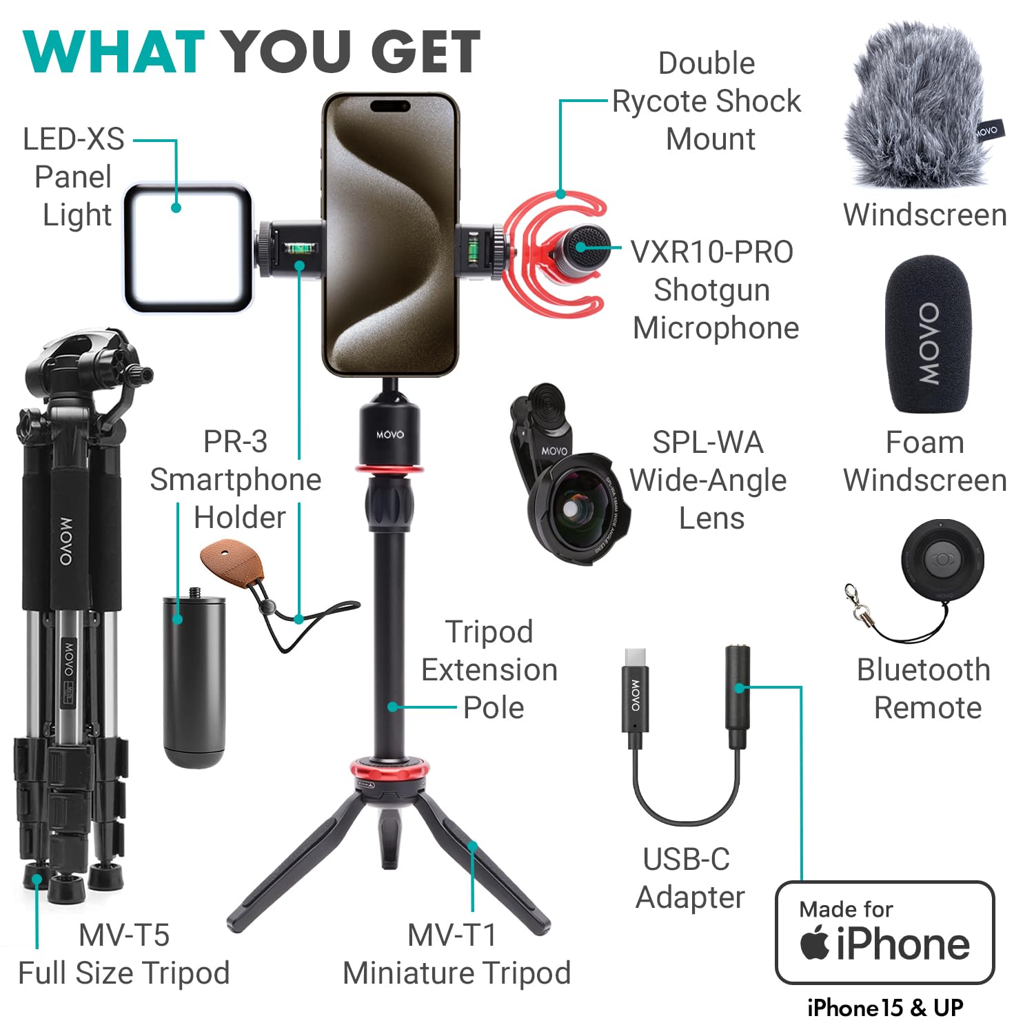 Movo iVlog1-IP Kit for iPhone15 w/ Fullsize Tripod