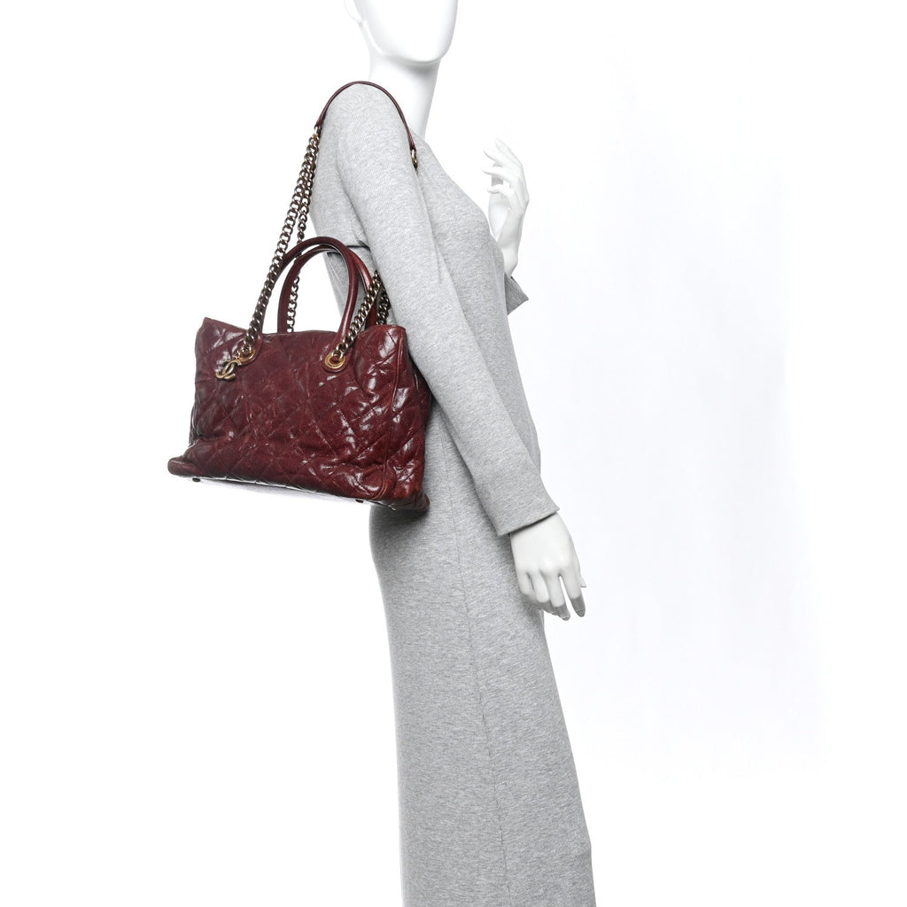 Glazed Caviar Quilted Small Shiva Tote Burgundy