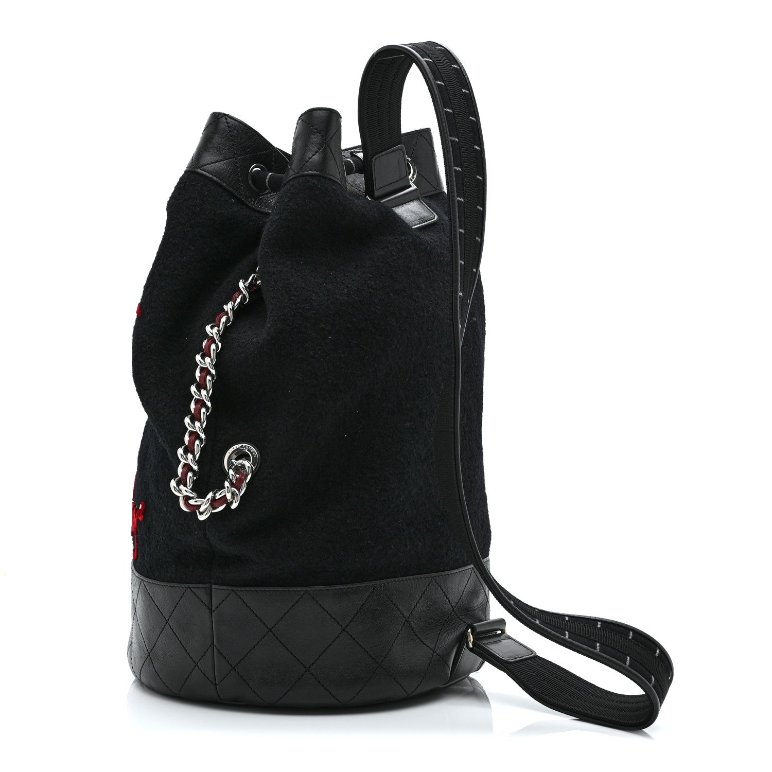 Wool Calfskin Embroidered Paris Hamburg Drawstring Backpack Black