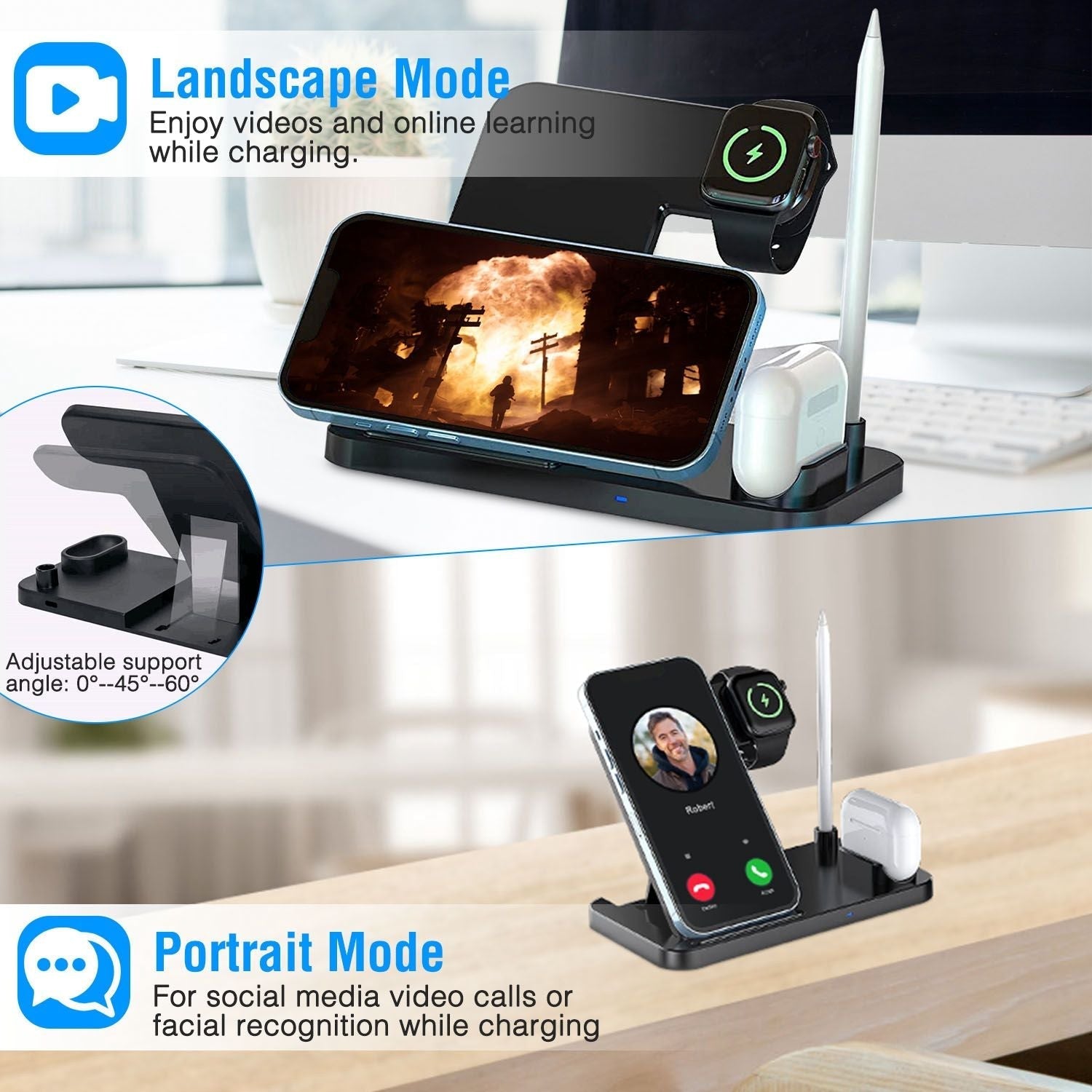4 In 1 Wireless Charger Foldable Fast Charging Station Stand Dock Fit for iWatch Apple Pencil Airpod 1/2/3/Pro iPhone 13 12 11 Pro Samsung S22 S21 Qi-enabled Android Phone