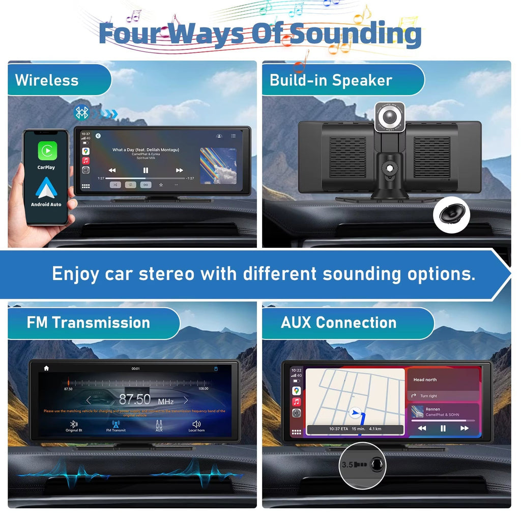 Portable Wireless CarPlay Car Stereo with 10.26" HD Touchscreen, Android Auto, Mirror Link with  Backup Camera