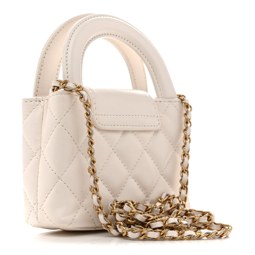 Shiny Aged Calfskin Quilted Mini Nano Kelly Shopper White