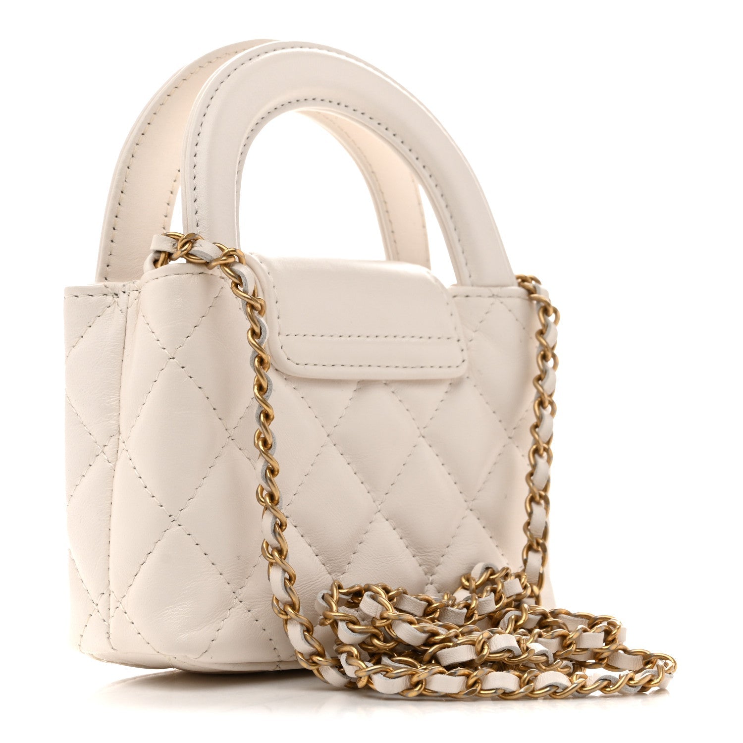 Shiny Aged Calfskin Quilted Mini Nano Kelly Shopper White