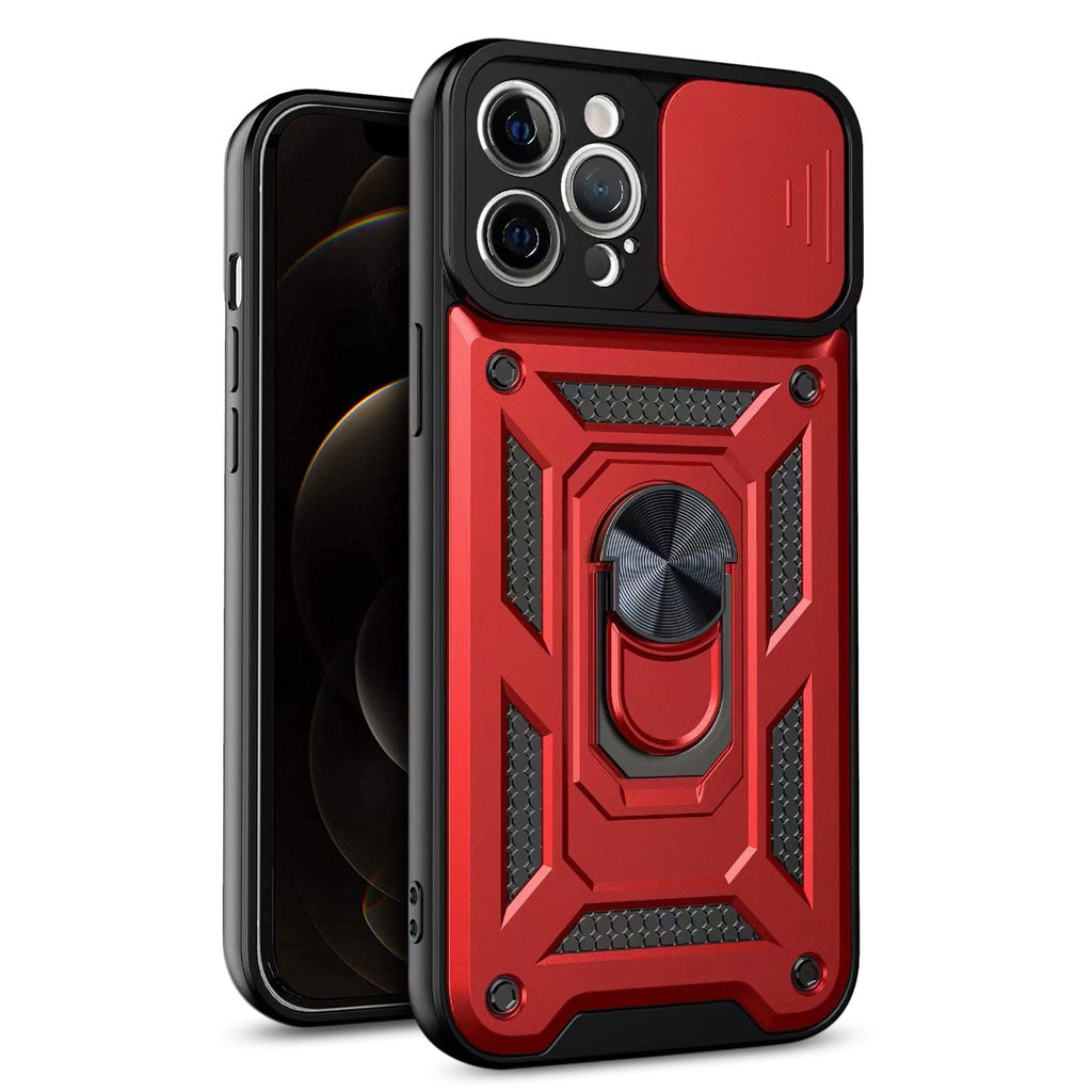 Kickstand Ring Holder With Slide Camera Cover Tpu Shockproof Case And Magnetic Car Mount For Apple Iphone 12 Pro Max In Red