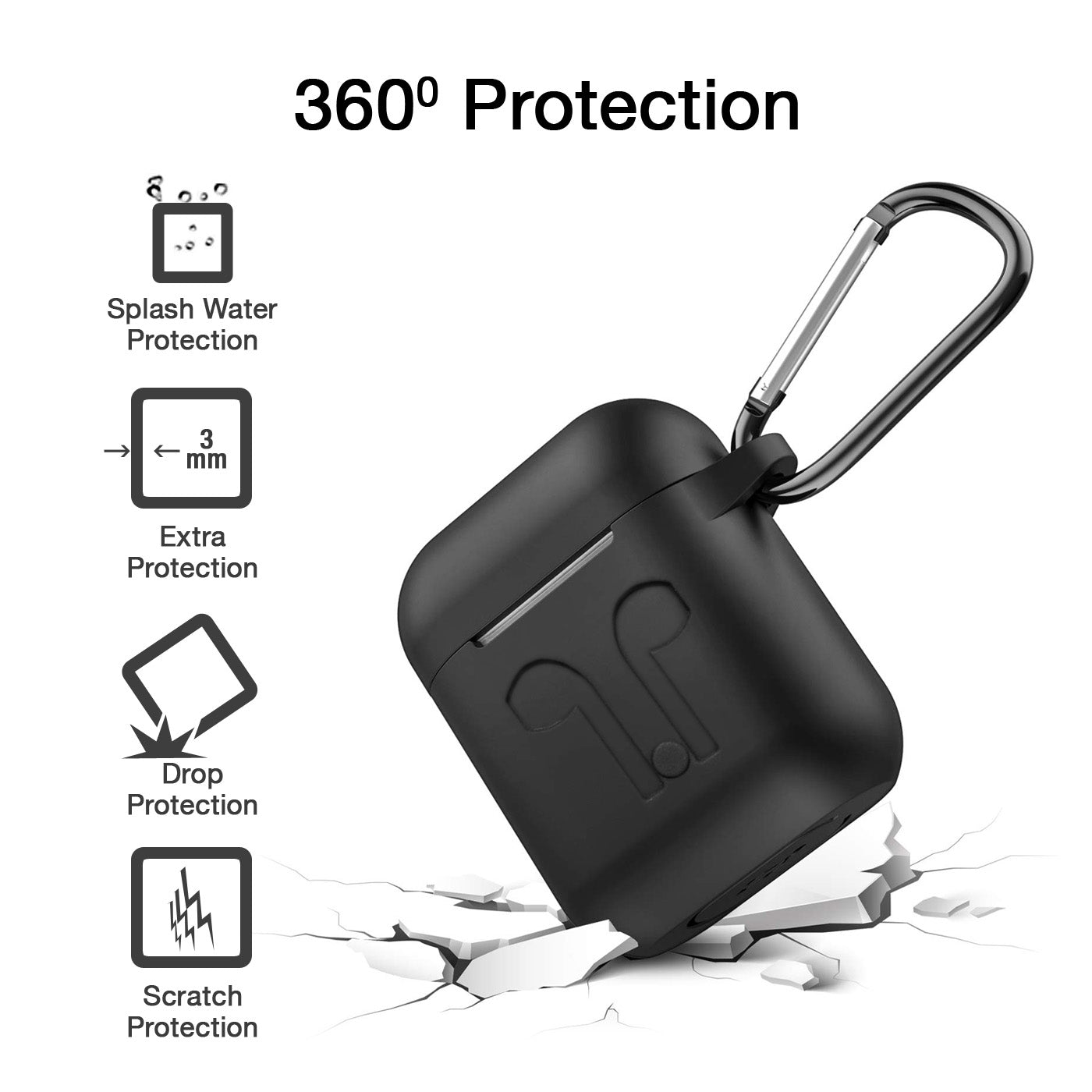 Airpod 2019 Protective Case, Precision Size, 3mm Skin, 360 Protection, Metal Keychain Hook