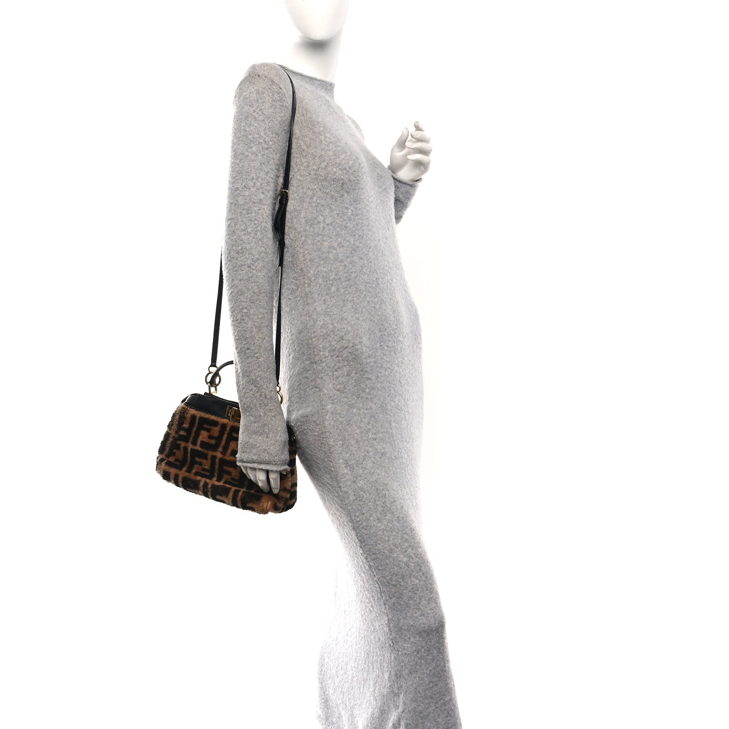 Shearling Nappa Macro FF 1974 Mini Peekaboo Iconic Satchel Tobacco Black