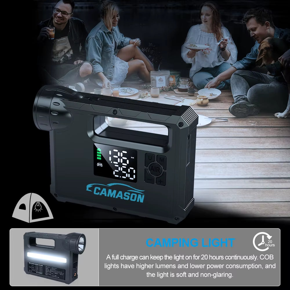 5-in-1 Portable Car Jump Starter with Air Compressor, Flashlight, Power Bank, and Battery Booster