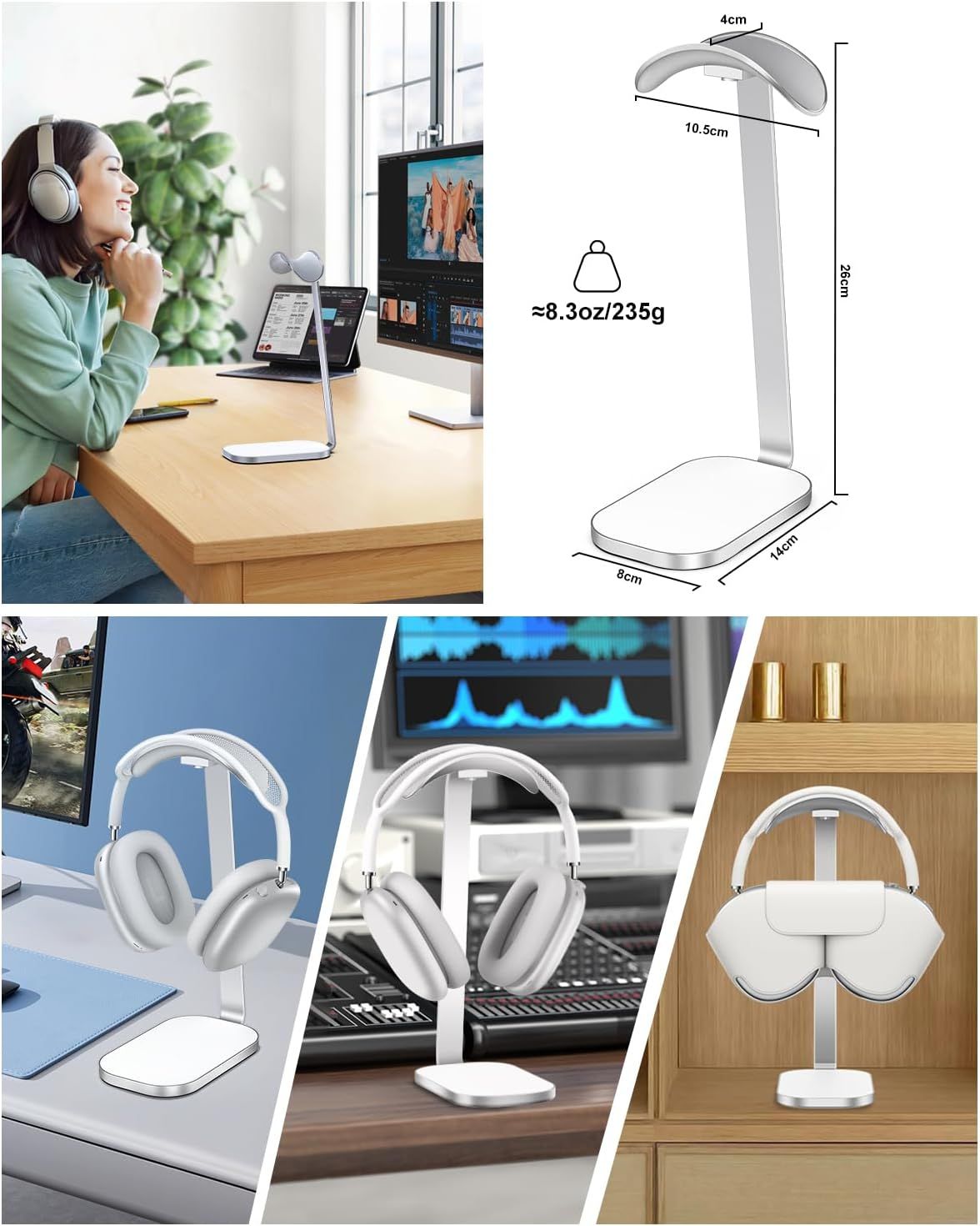 Headphone Stand for AirPods Max, Headset Holder with Aluminum Supporting Rod, Heavy Base Desk Stand Headphones Support Accessory for All Headphones - Silver White