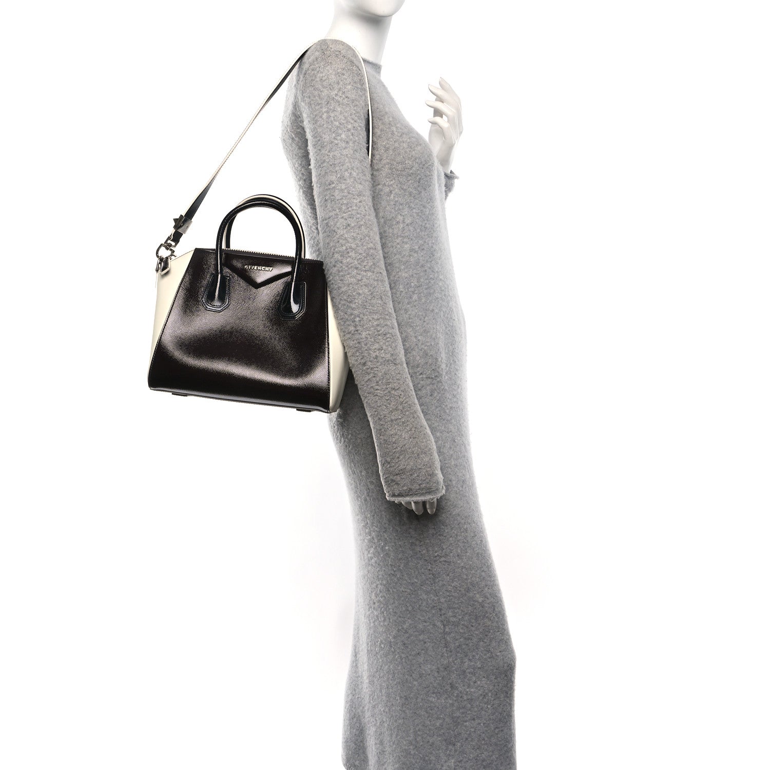 Textured Patent Calfskin Small Tri-Color Antigona Black White Brown