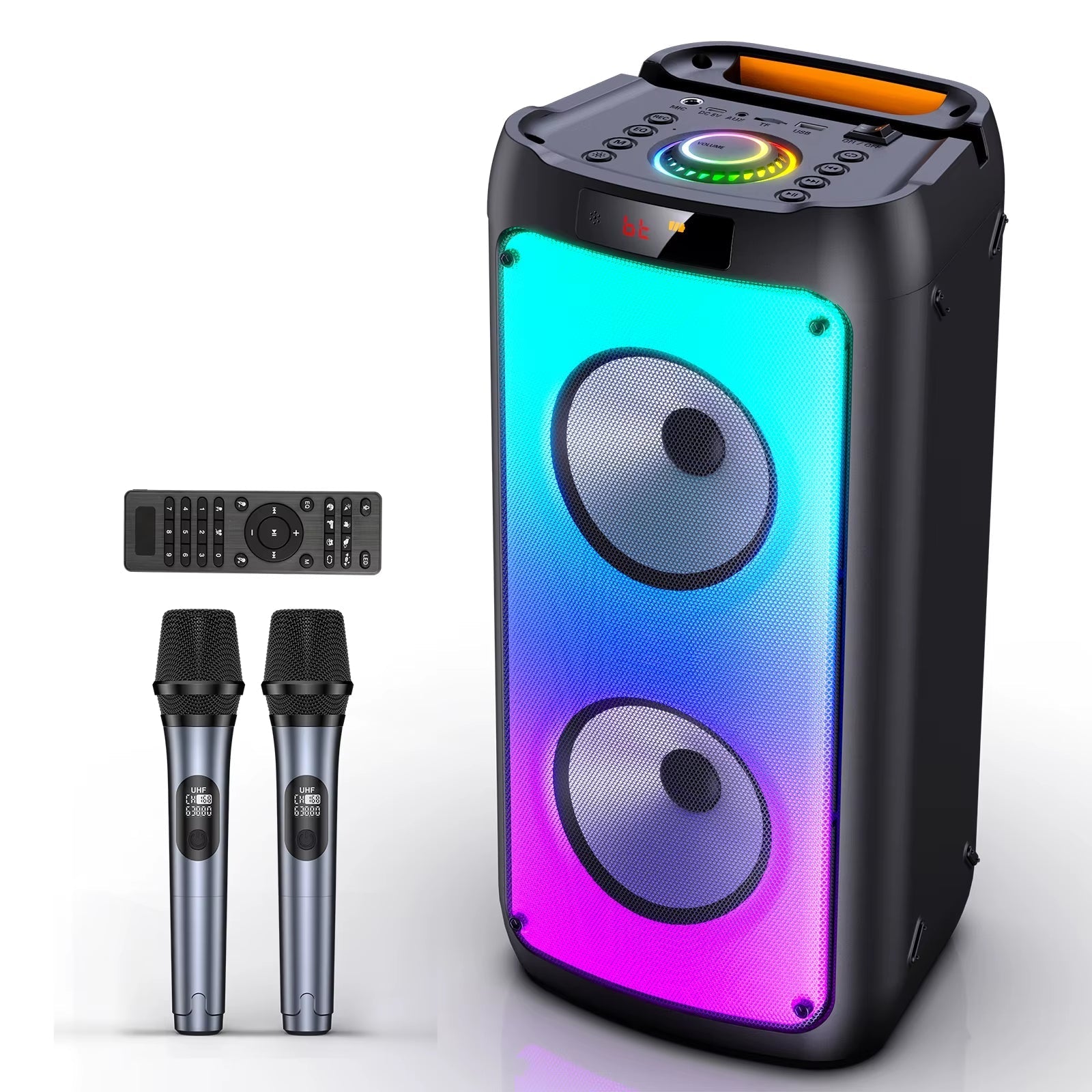 Professional Wireless Bluetooth Speaker and Karaoke System with Dual Microphones, LED Party Lights, and Remote Control