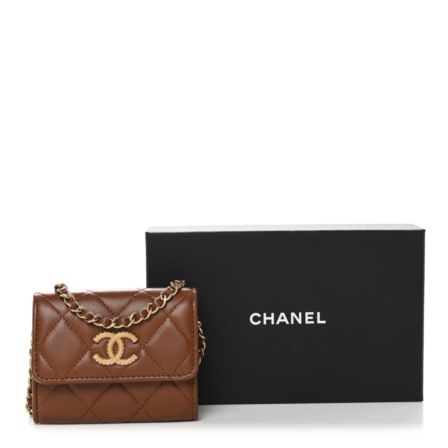 Lambskin Quilted Studded CC Clutch With Chain Brown