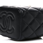 Lambskin Quilted Metal Mini Top Handle Vanity Case With Chain Black