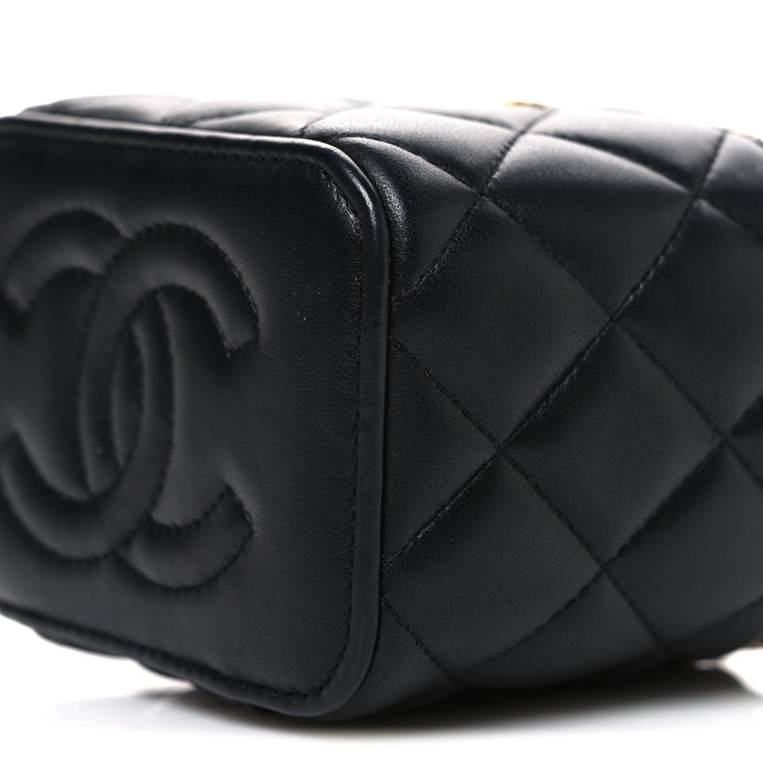 Lambskin Quilted Metal Mini Top Handle Vanity Case With Chain Black