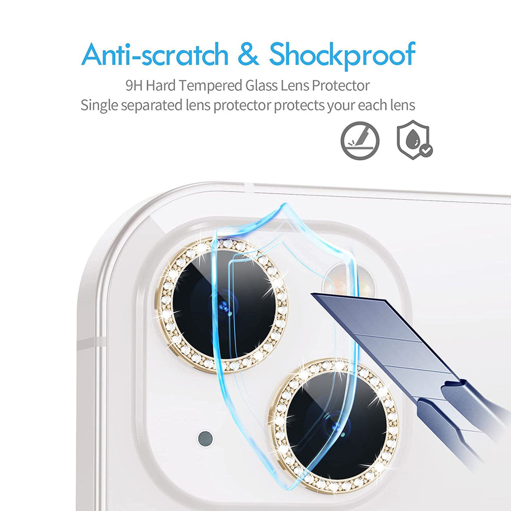 Diamond Camera Lens Protector, Diamond Tempered Glass Camera Cover Screen Protector For Iphone 14 / Iphone 14 Plus In Gold