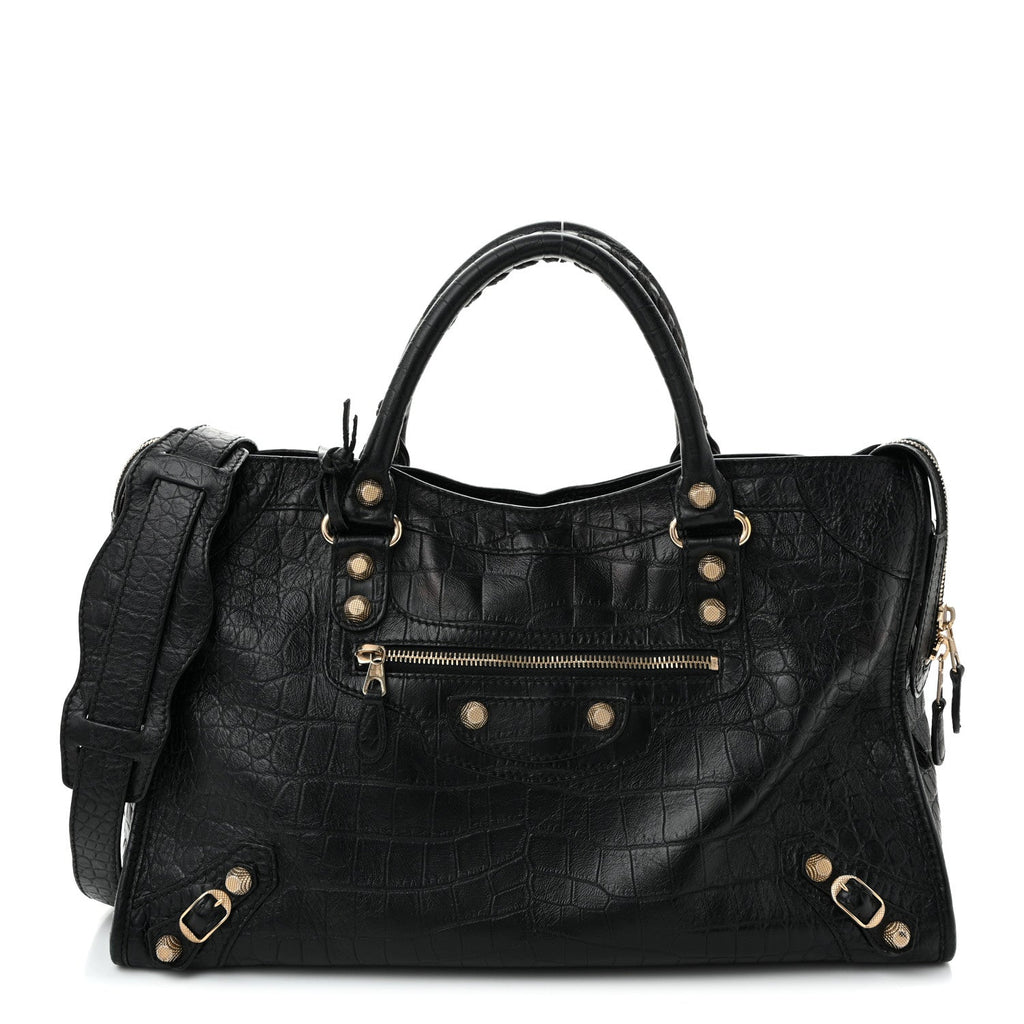 Calfskin Crocodile Embossed Giant 12 Gold Hardware City Black
