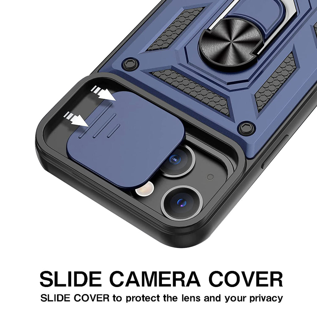 Kickstand Ring Holder With Slide Camera Cover Tpu Magnetic Car Mount For Apple Iphone 13 In Blue