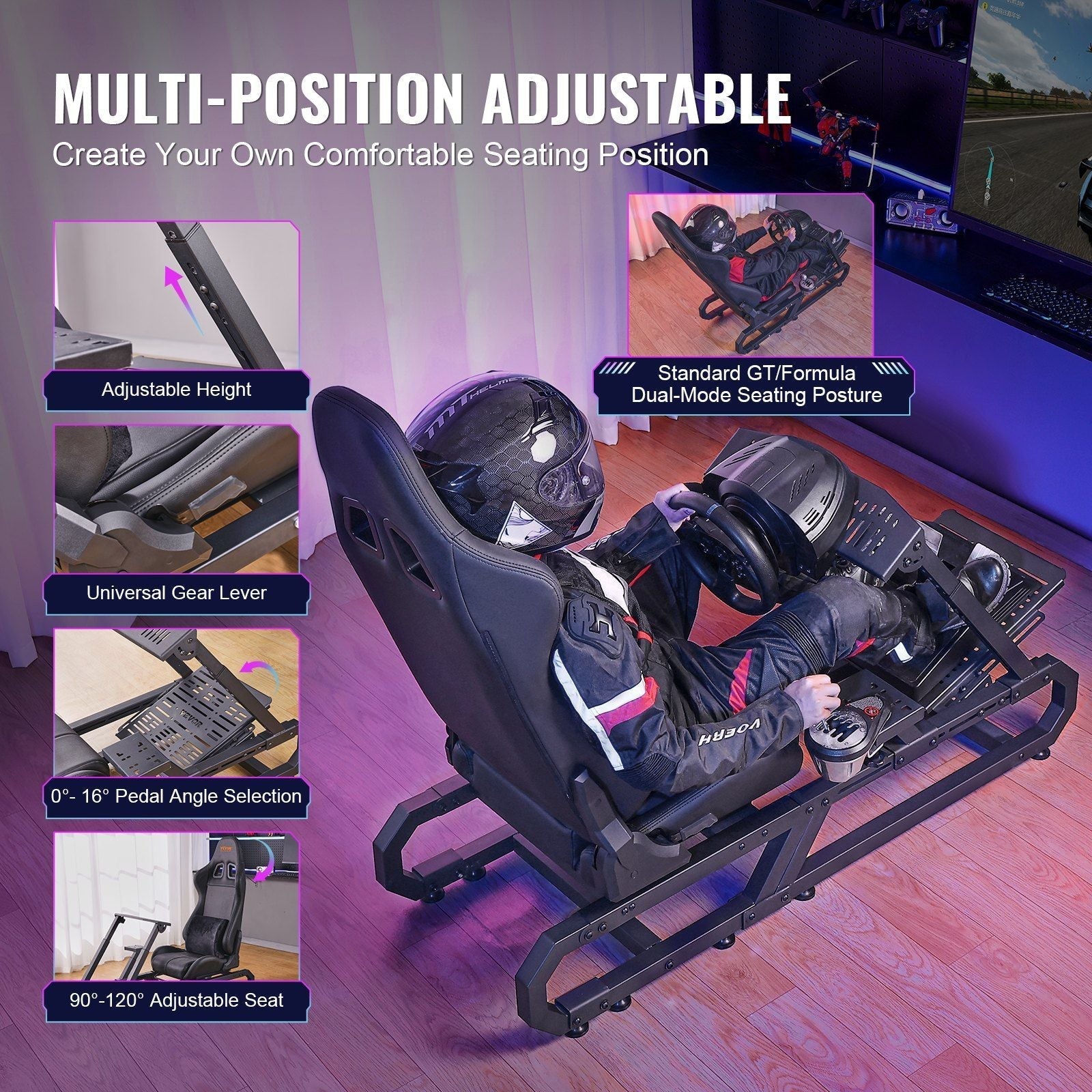 Racing Wheel Stand For Logitech G923/G920/G29, Heavy Duty Steel Driving Simulator Cockpit-Thrustmaster T248P, Steering Wheel Bracket Height & Foot Pedal Angle Adjustable,Max Load 330 LBS Compact