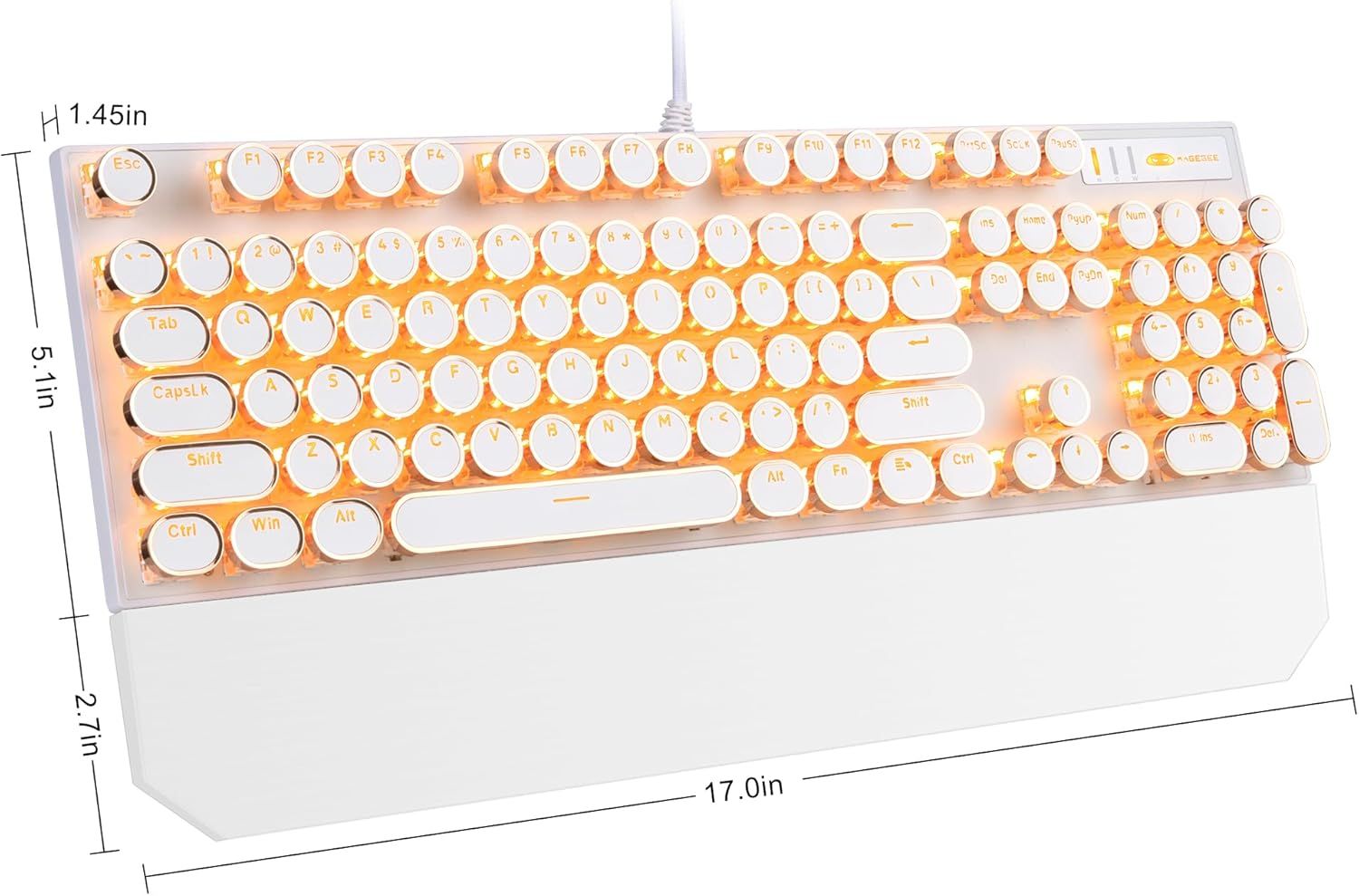 Typewriter Style Mechanical Keyboard, Retro Punk Gaming Keyboard with Gold LED Backlit, Cute Wired Keyboards,104 Keys Full Size Keyboards, Uique Round Keycaps for Windows/Mac/PC White Gold