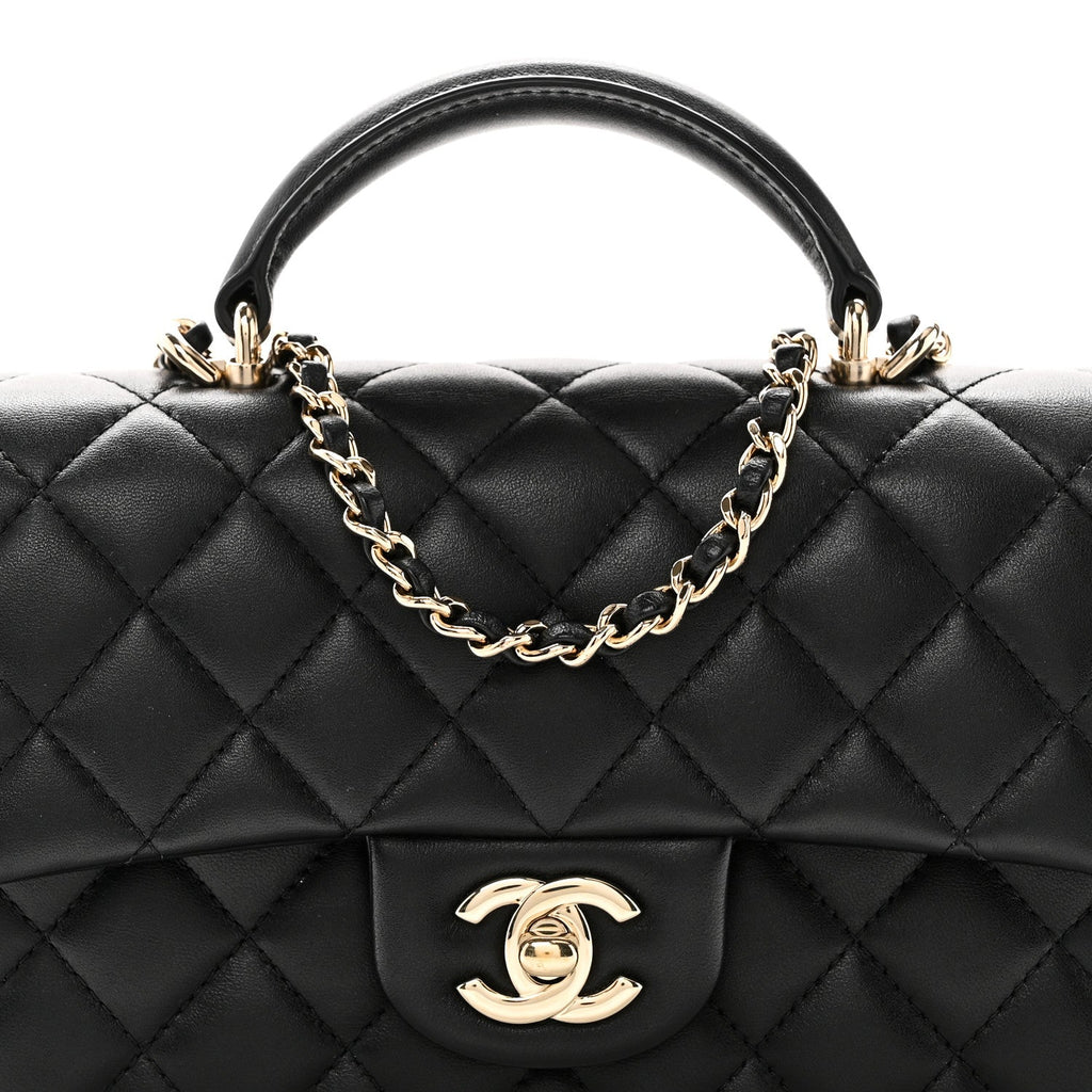 Lambskin Quilted Mini Top Handle Rectangular Flap Black