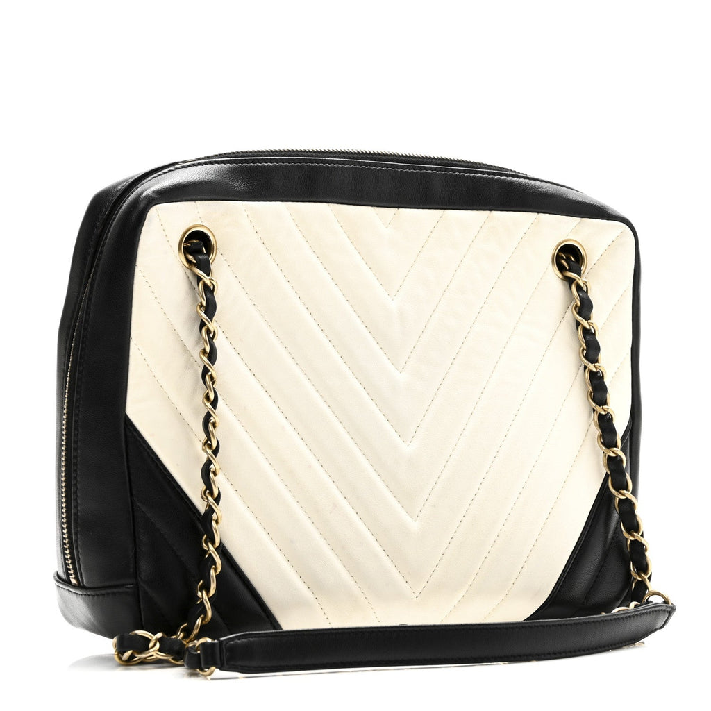 Lambskin Chevron Quilted Camera Case Black White
