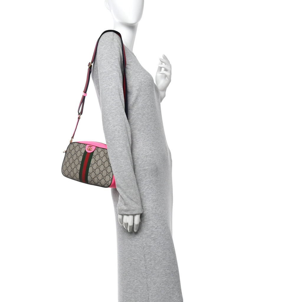 GG Supreme Monogram Textured Dollar Calfskin Web Ophidia Small Crossbody Bag Beige Ebony Fuchsia