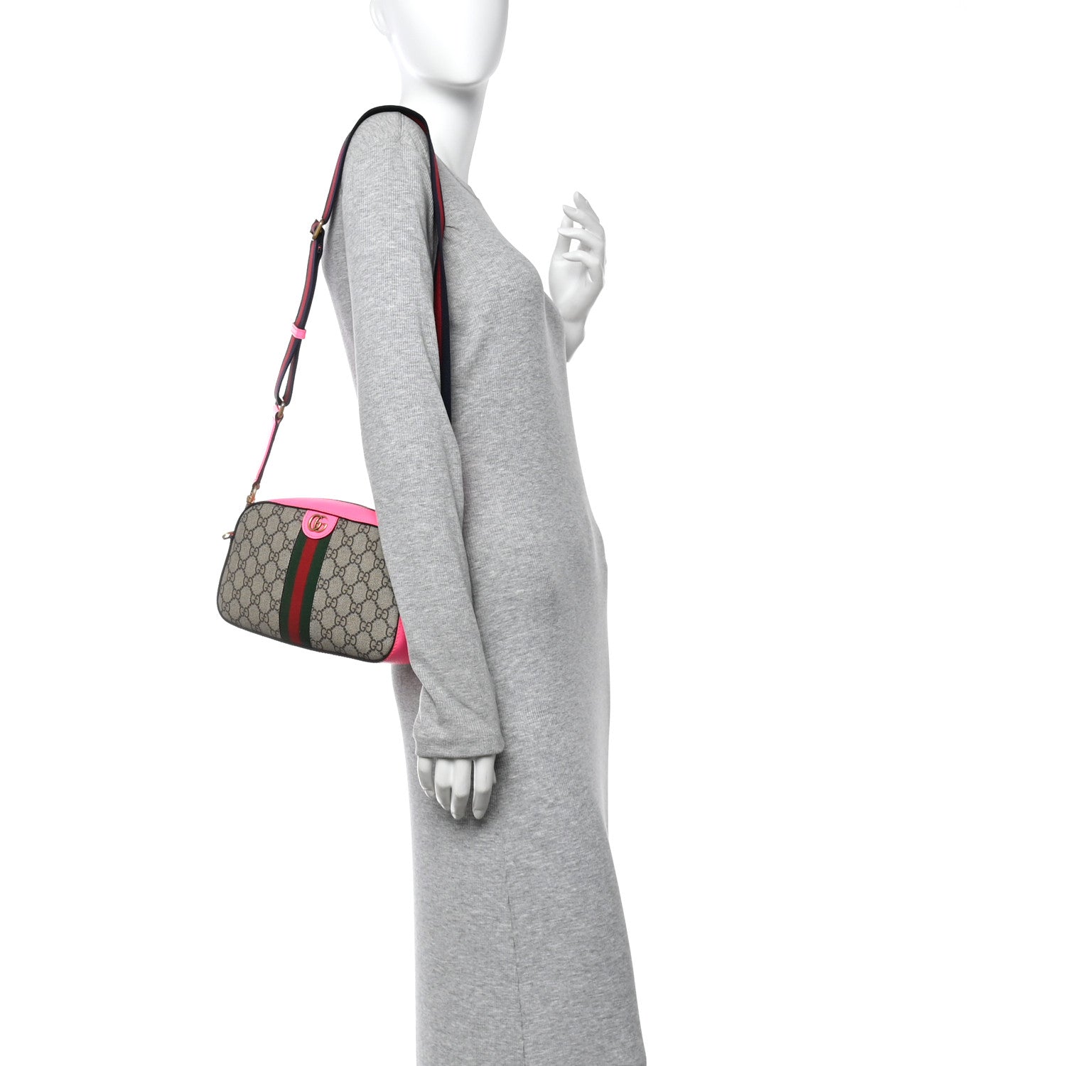 GG Supreme Monogram Textured Dollar Calfskin Web Ophidia Small Crossbody Bag Beige Ebony Fuchsia